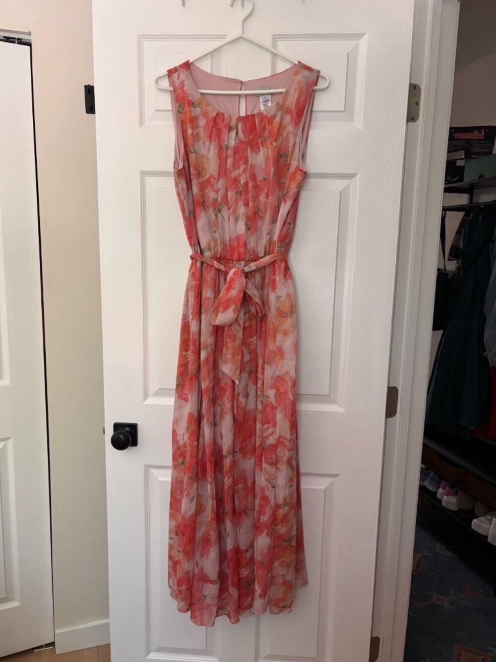 Coral Floral Maxi Dress | Wedding Guest Attire, Chiffon Tie Waist | Size 14